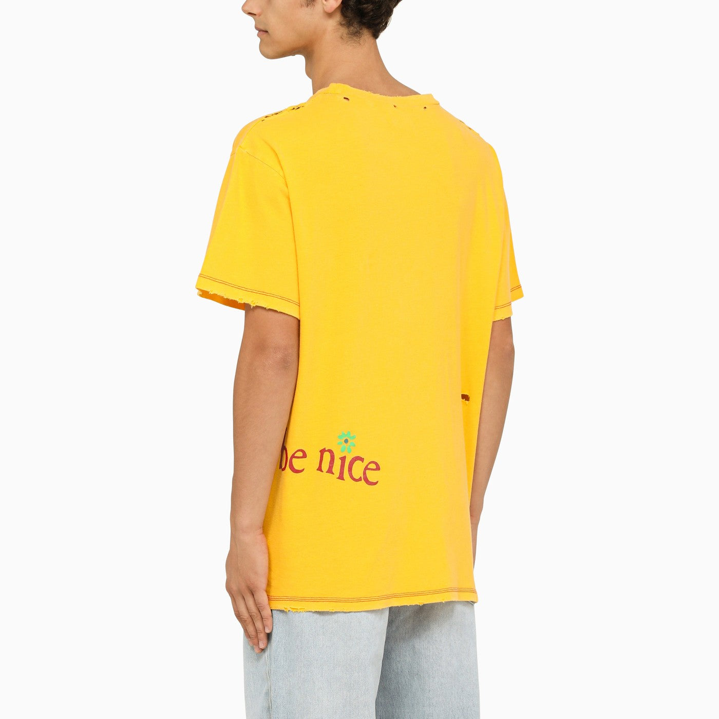 Erl Yellow Crew Neck T Shirt With Wears