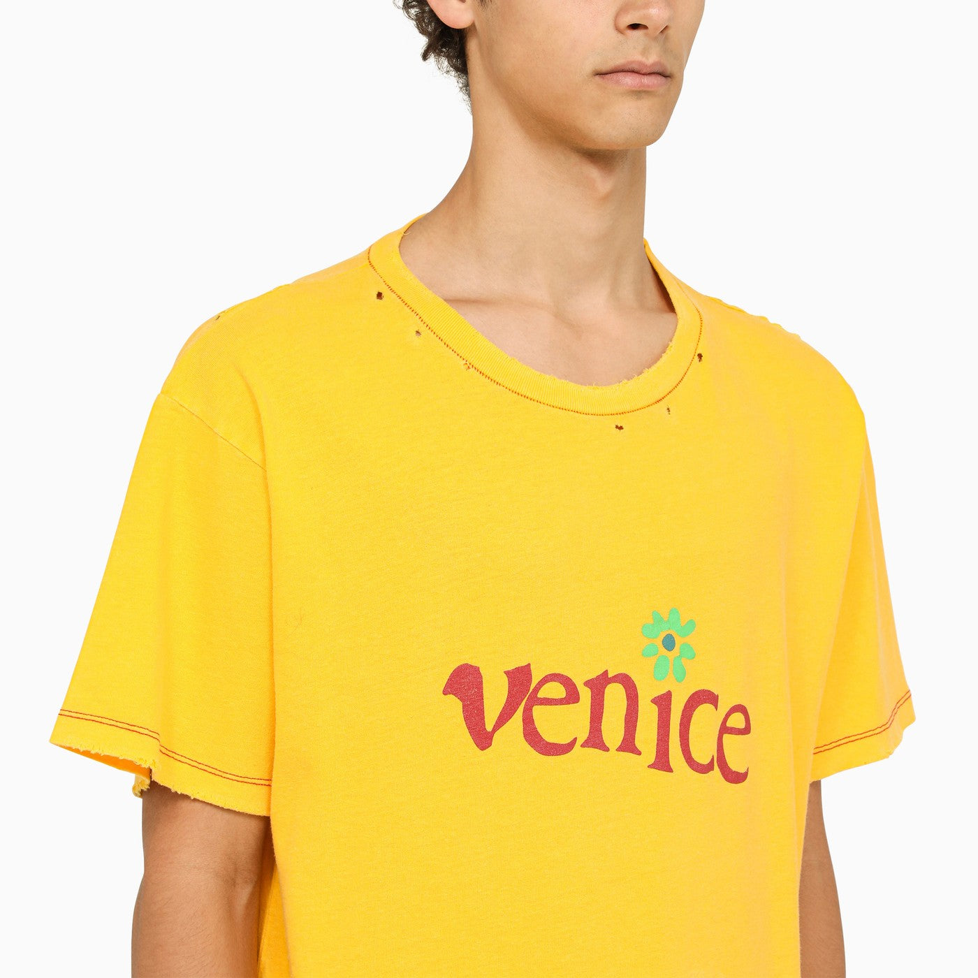 Erl Yellow Crew Neck T Shirt With Wears