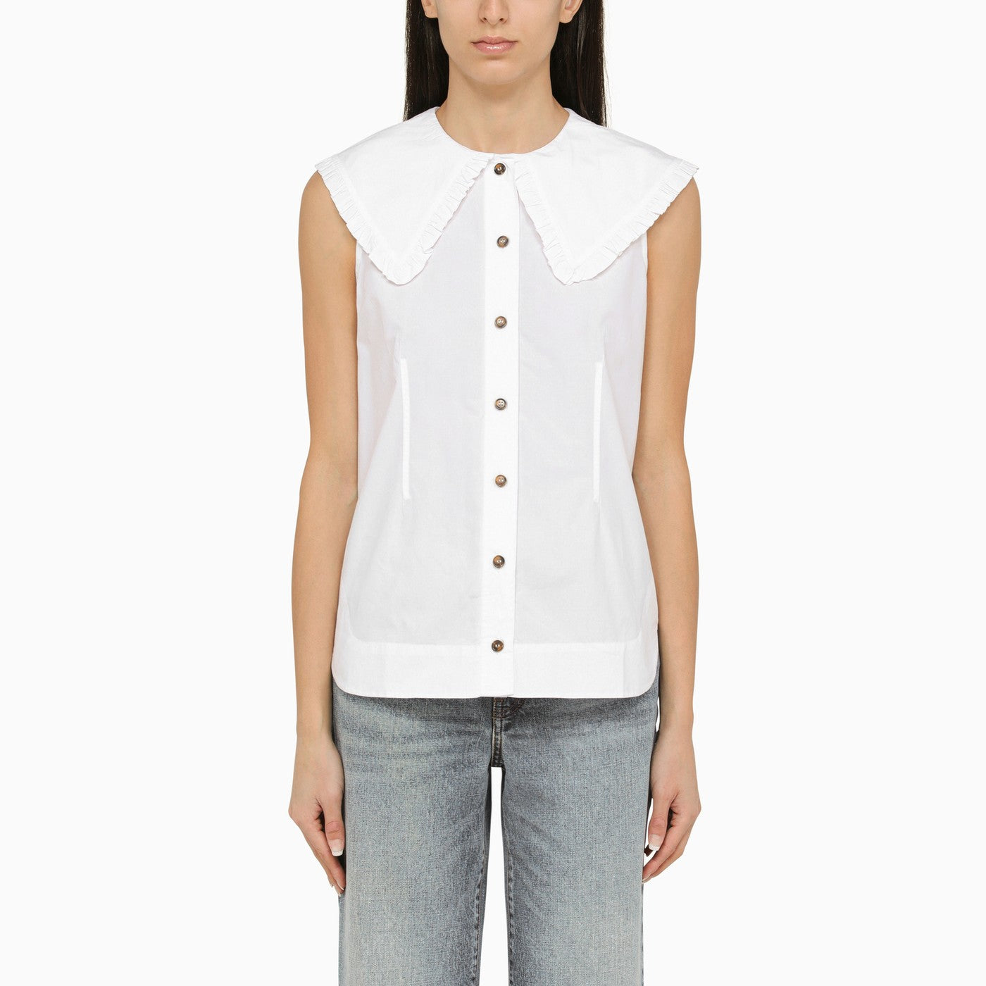 Ganni White Cotton Sleeveless Shirt With Collar