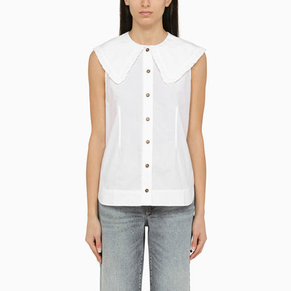 Ganni White Cotton Sleeveless Shirt With Collar