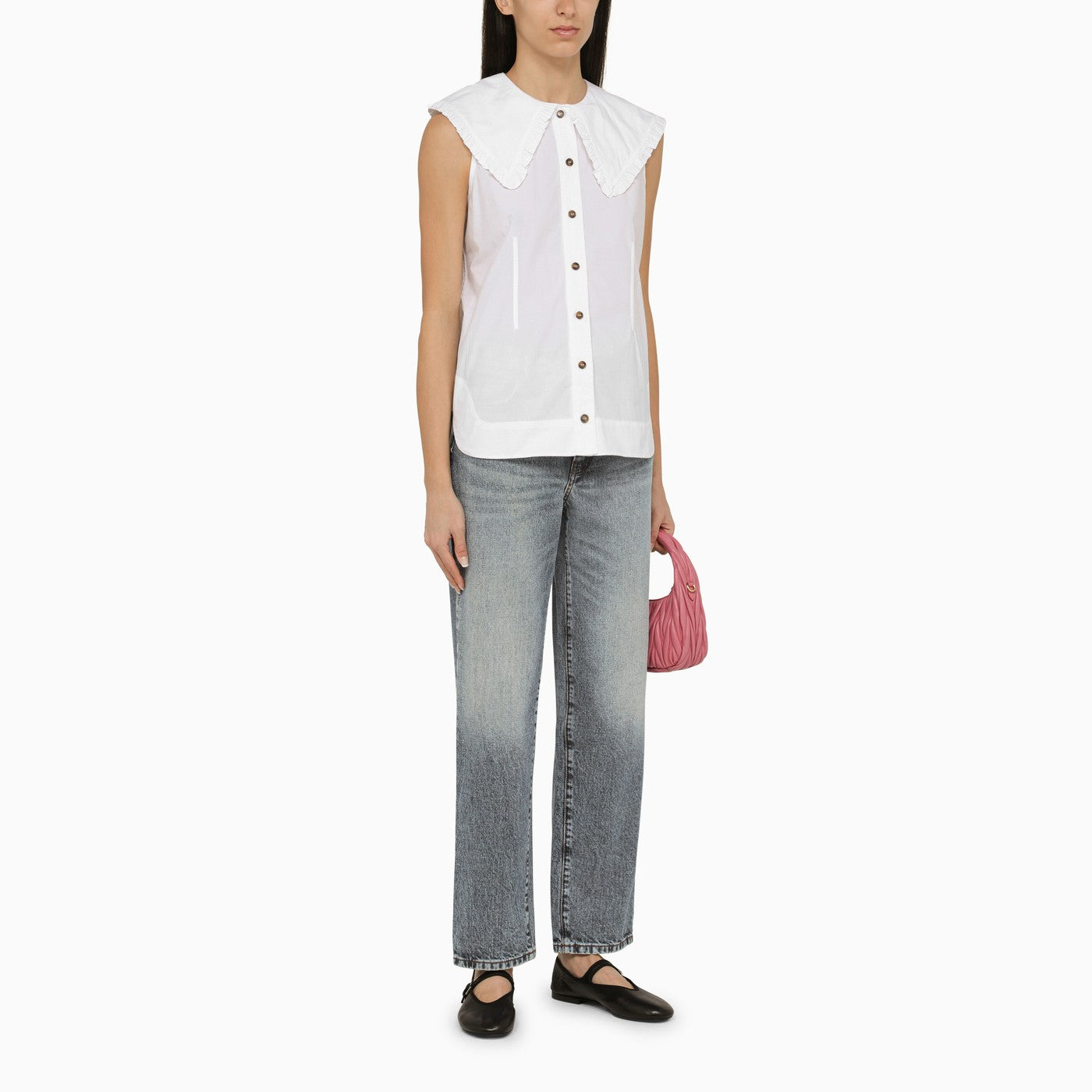 Ganni White Cotton Sleeveless Shirt With Collar