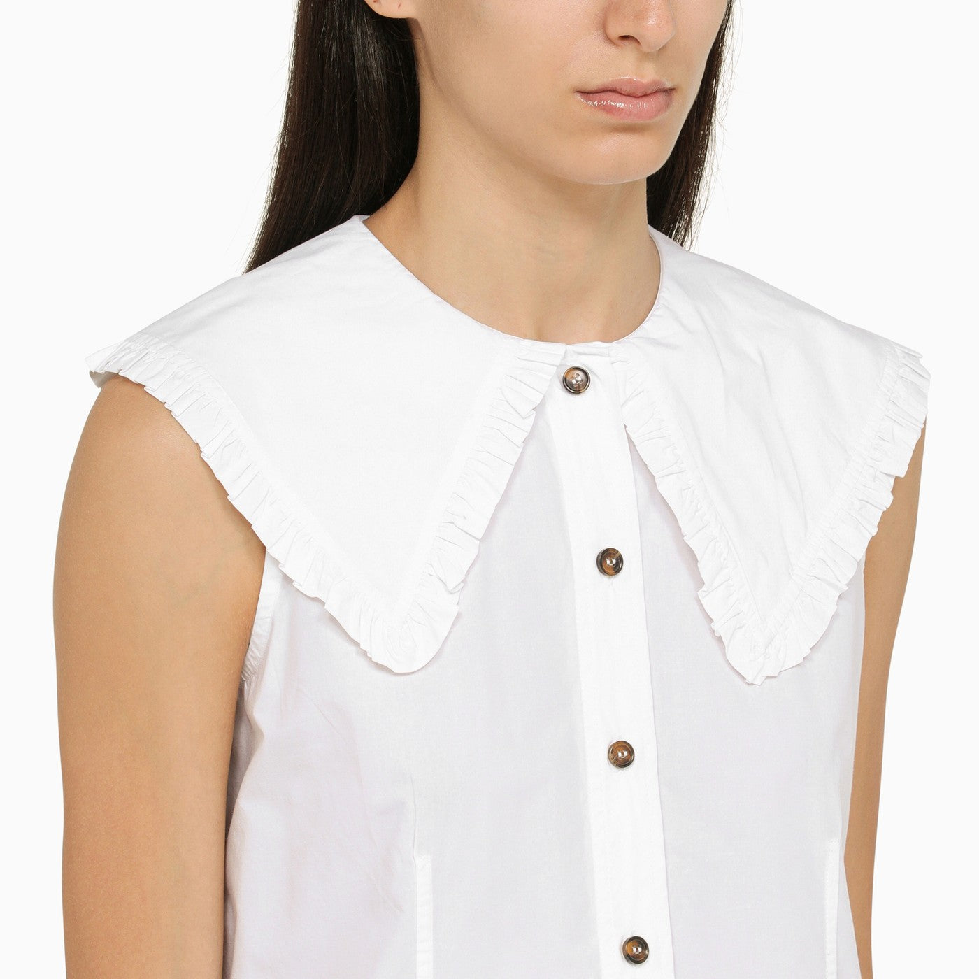 Ganni White Cotton Sleeveless Shirt With Collar